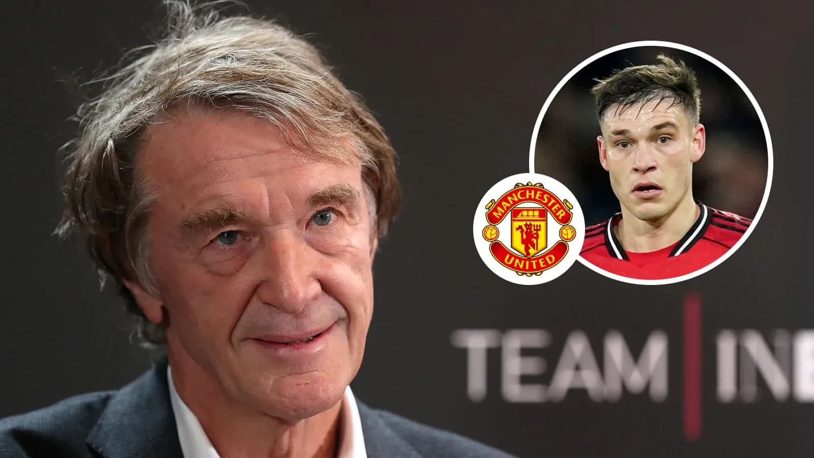 Man speaking at press conference with Manchester United logo