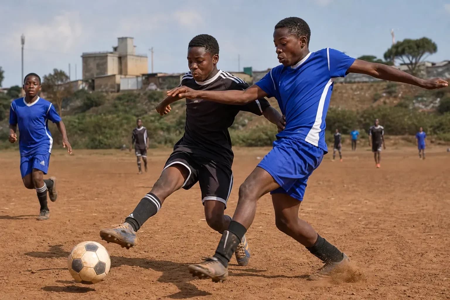 Two players contesting for the ball on field