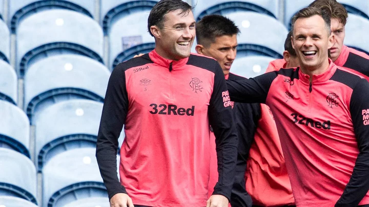 Players laughing during Rangers training session