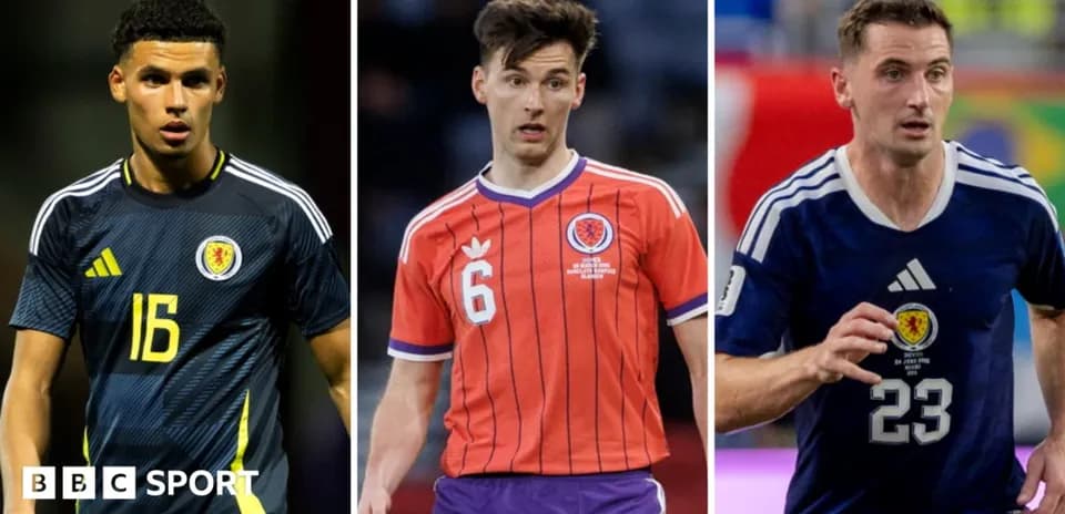 Three Scottish football players in team kits