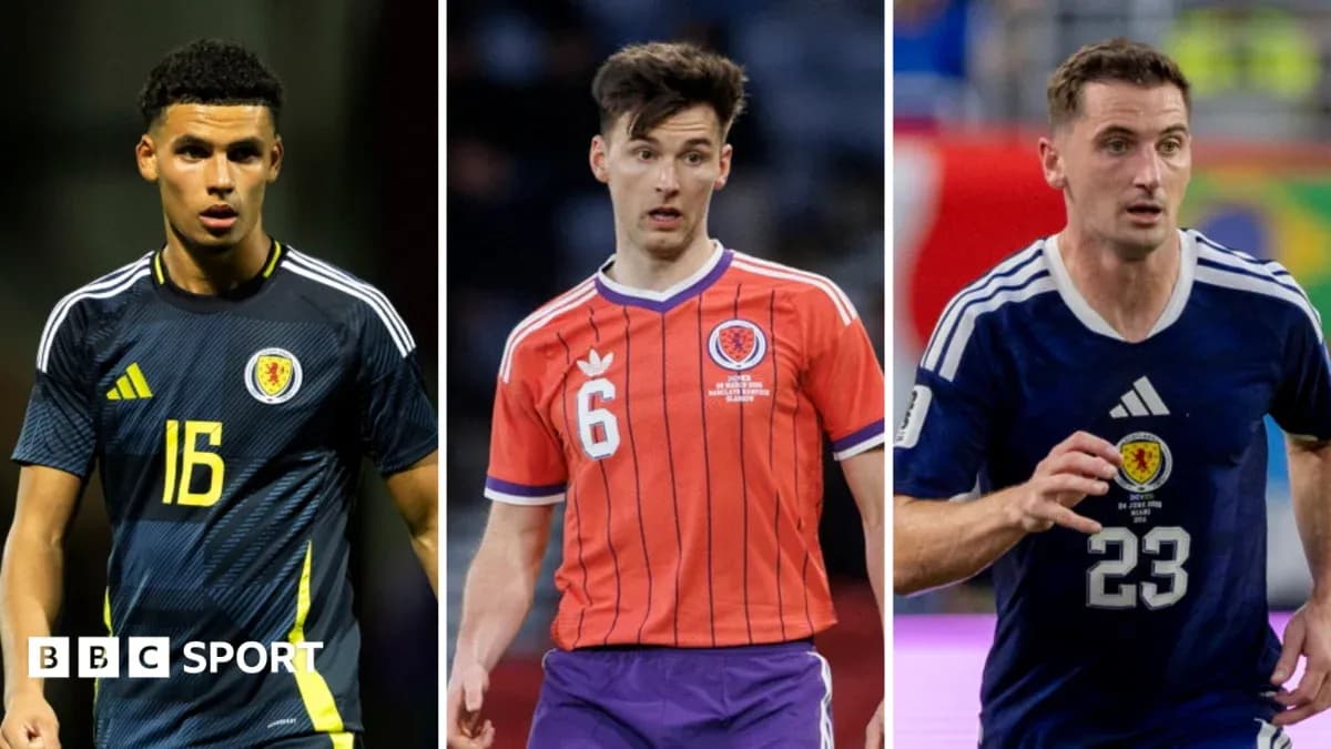 Three Scottish football players in team kits