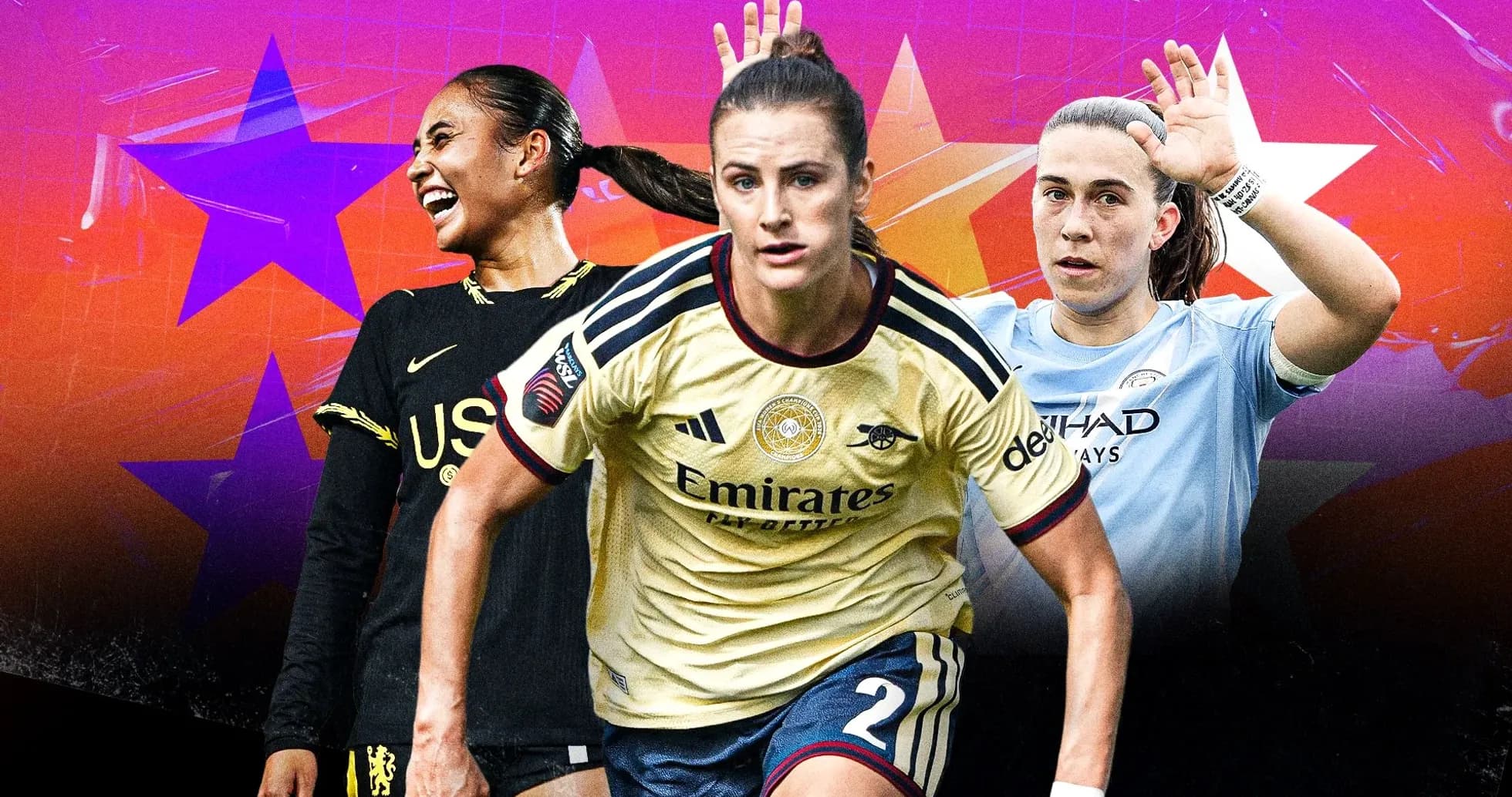 Three female soccer players in action with team jerseys