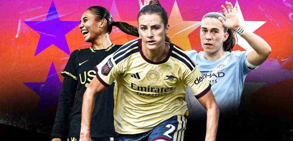 Three female soccer players in action with team jerseys