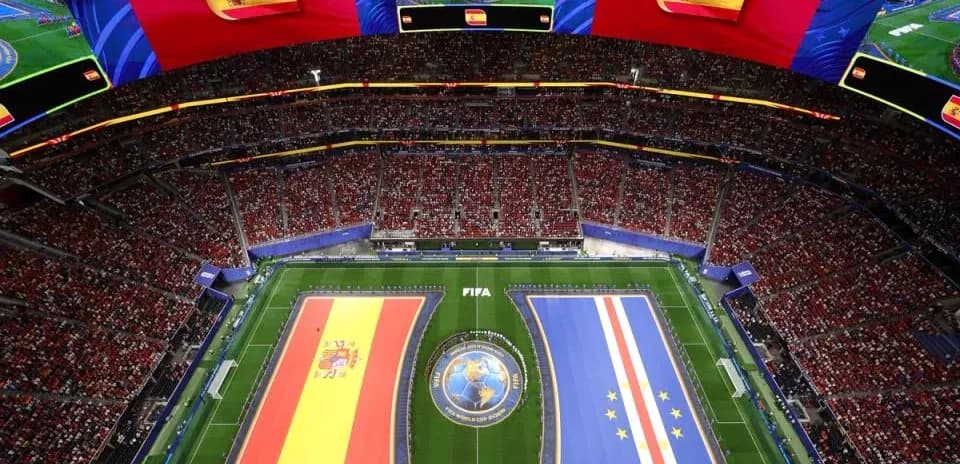 Stadium filled with fans and flags before match