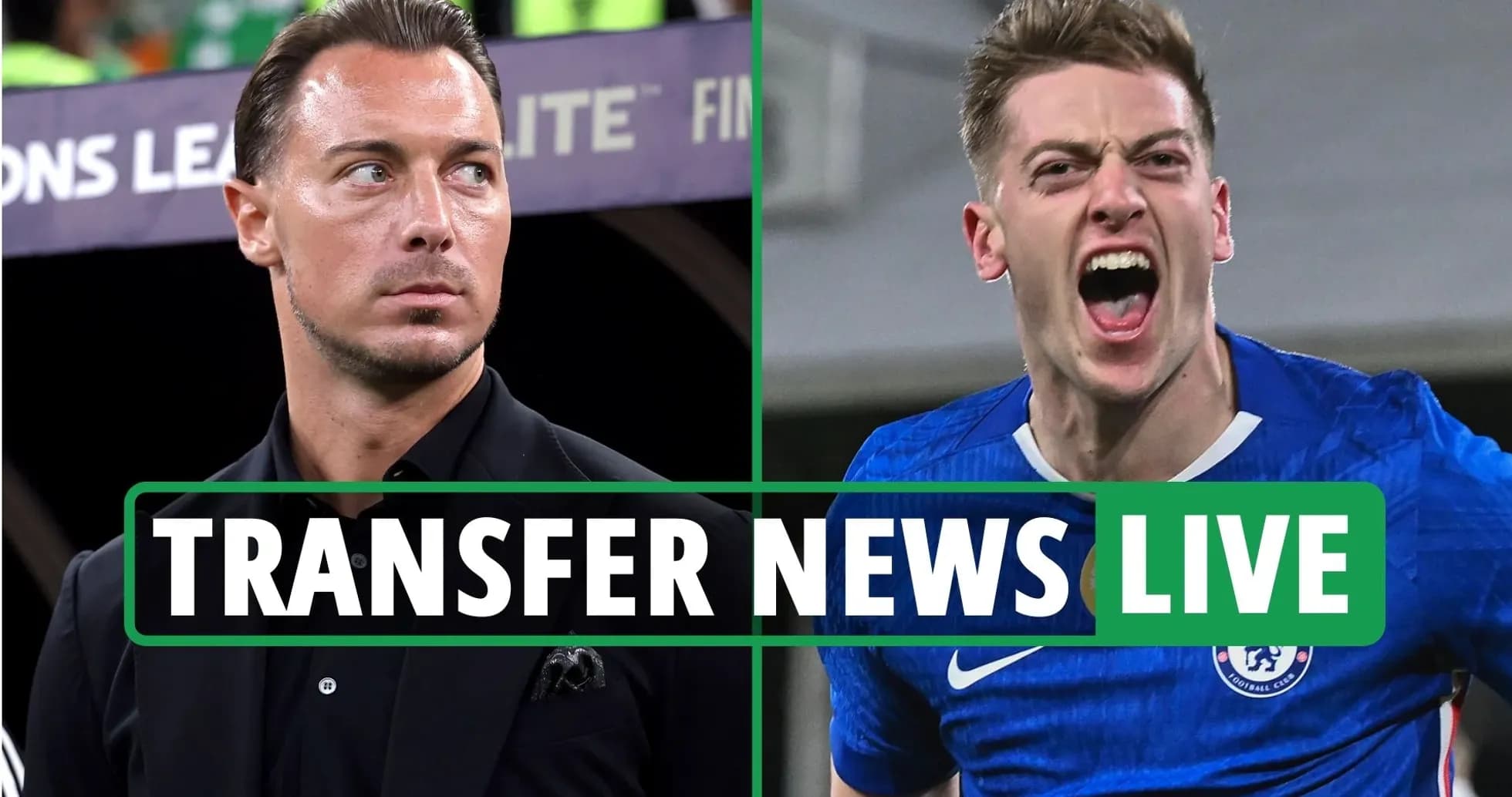 Two soccer players with 'Transfer News Live' banner