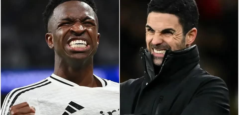 Vinicius Jr. celebrating; Mikel Arteta reacting on sidelines
