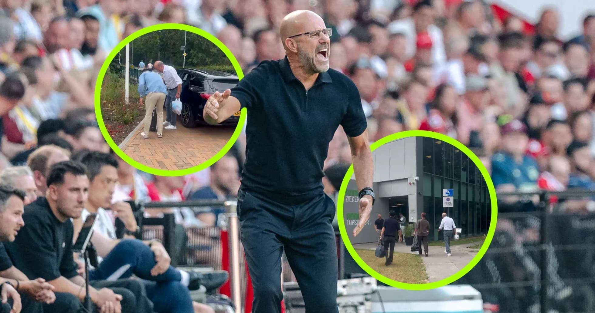 Coach directing players during a match with crowd