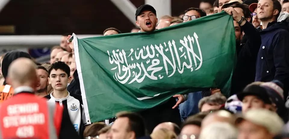 Fan holding Saudi Arabian flag in the stands