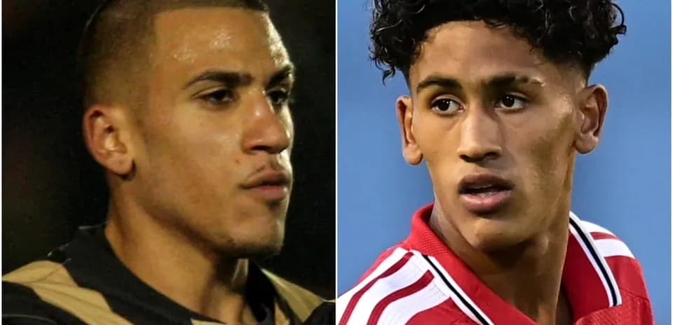 Two young football players in separate portraits