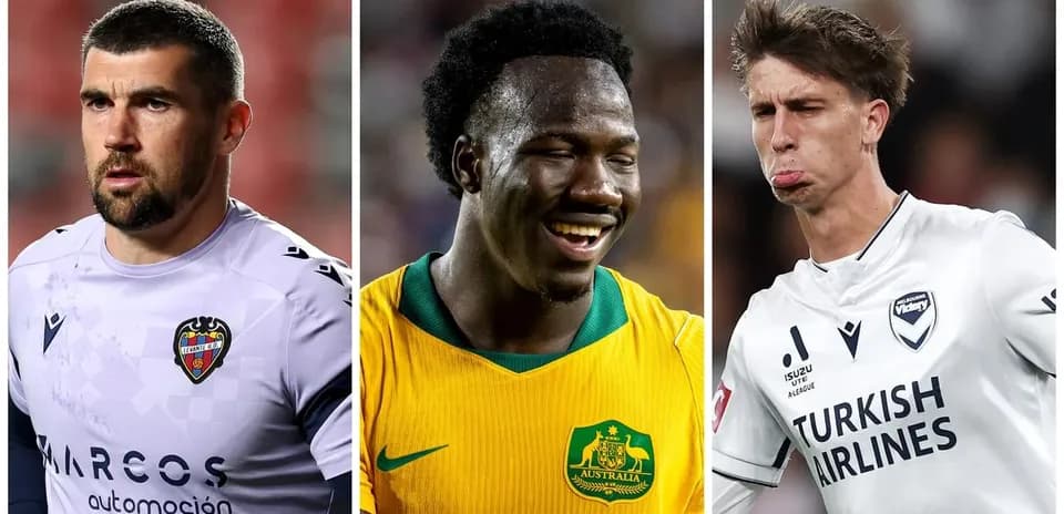 Three soccer players in various team uniforms