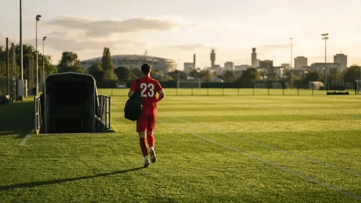 Player in red jersey walking off training pitch