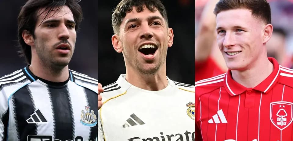 Three football players in their club jerseys