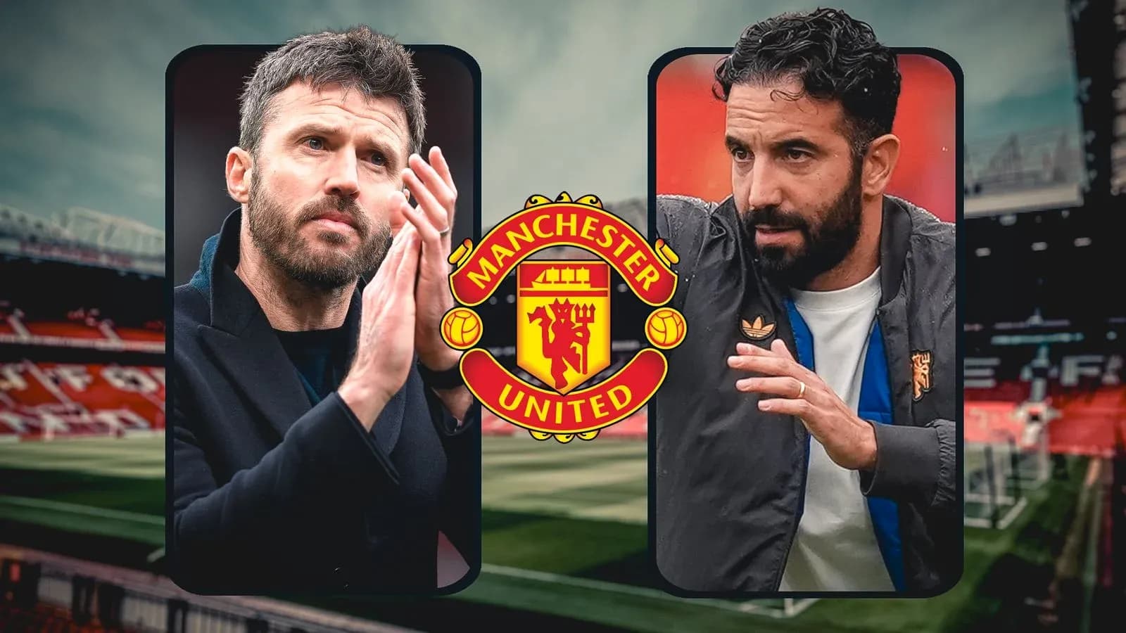 Two coaches discussing tactics at Manchester United stadium