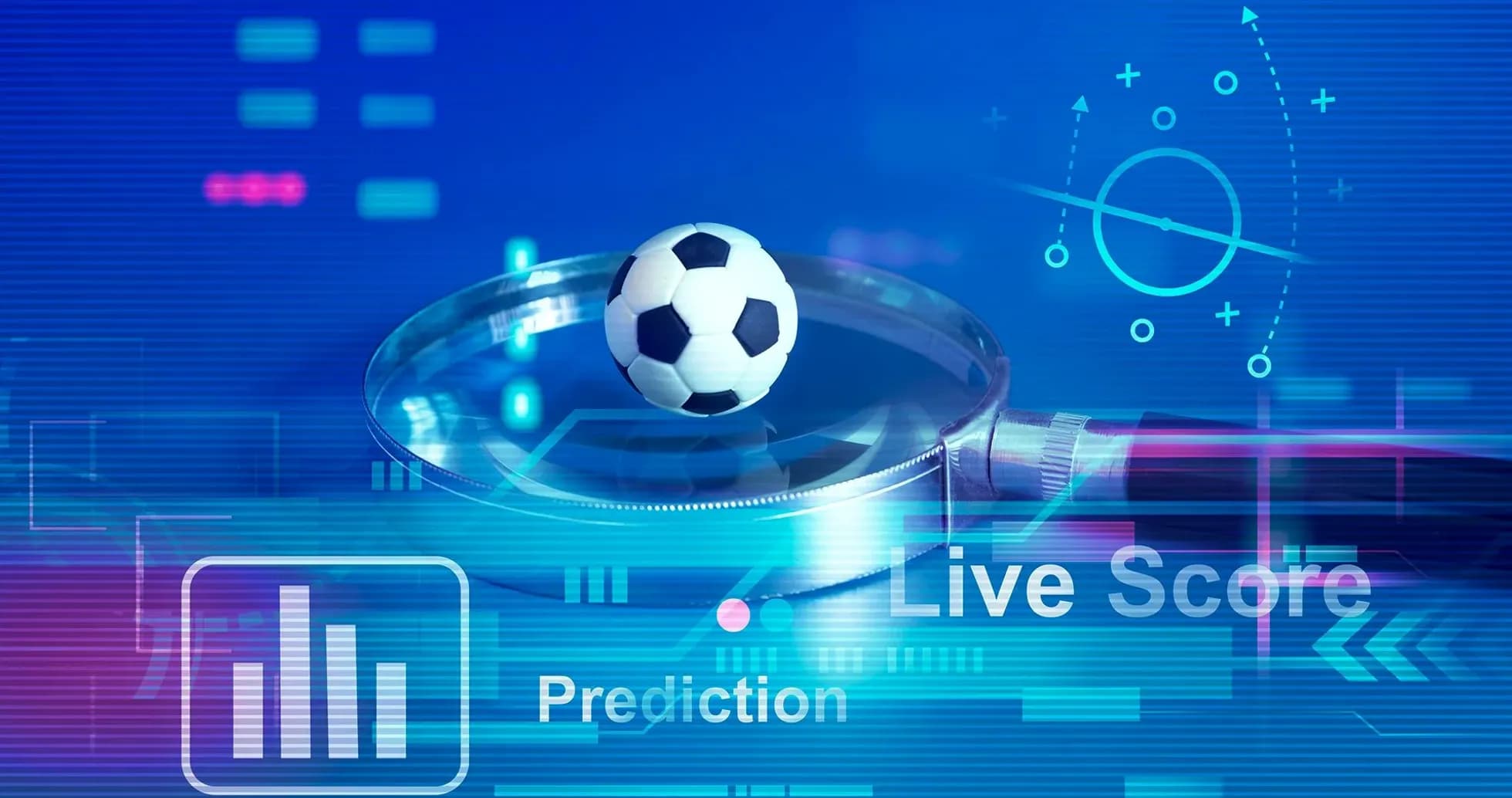 Magnifying glass over a soccer ball with graphics