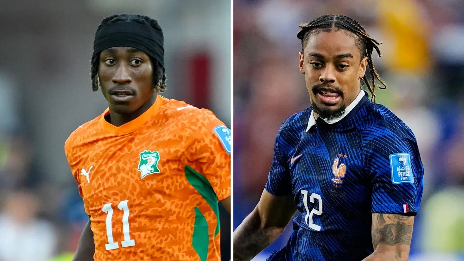 Two soccer players in team jerseys during match