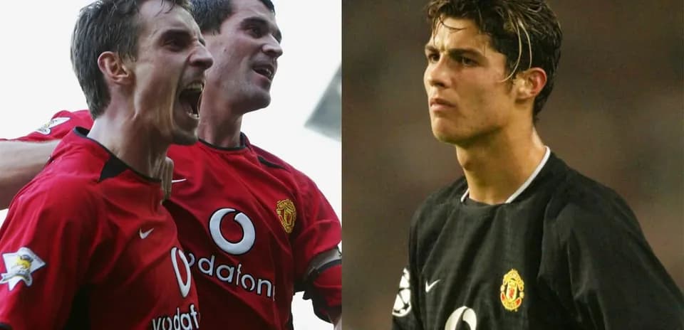 Two Manchester United players celebrating and one player posing