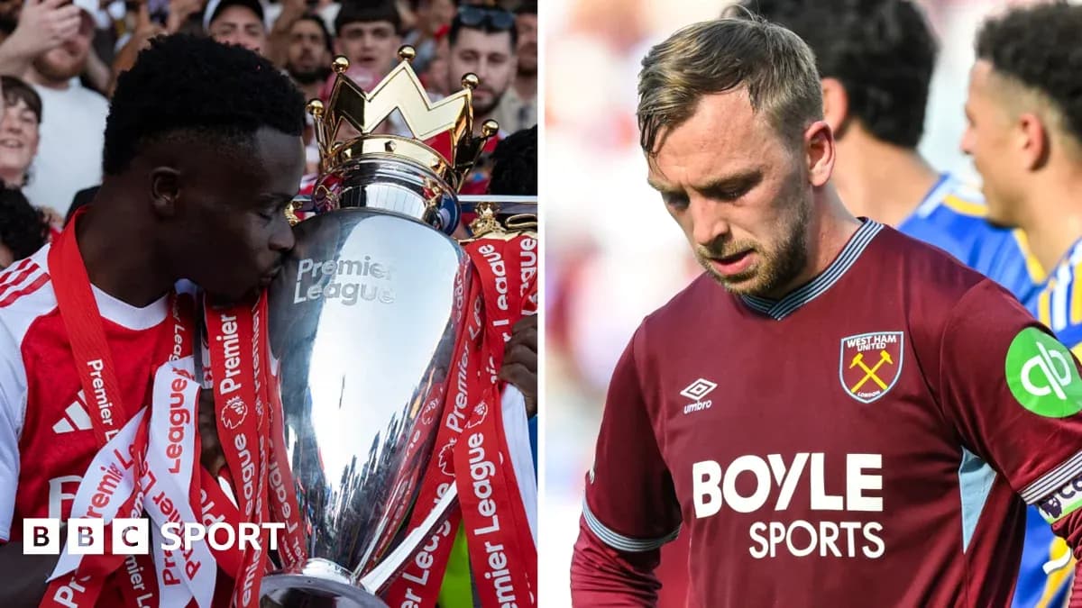 Player celebrating with Premier League trophy; another player disappointed