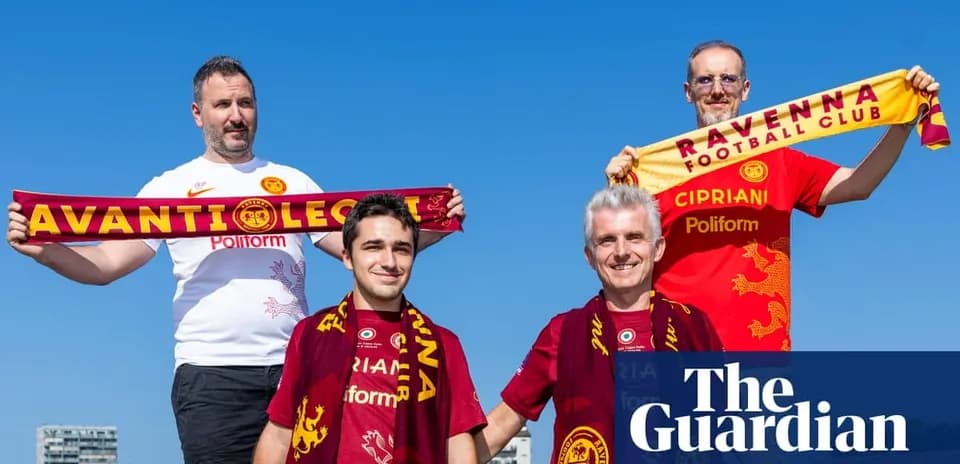 Four fans holding scarves supporting Ravenna Football Club