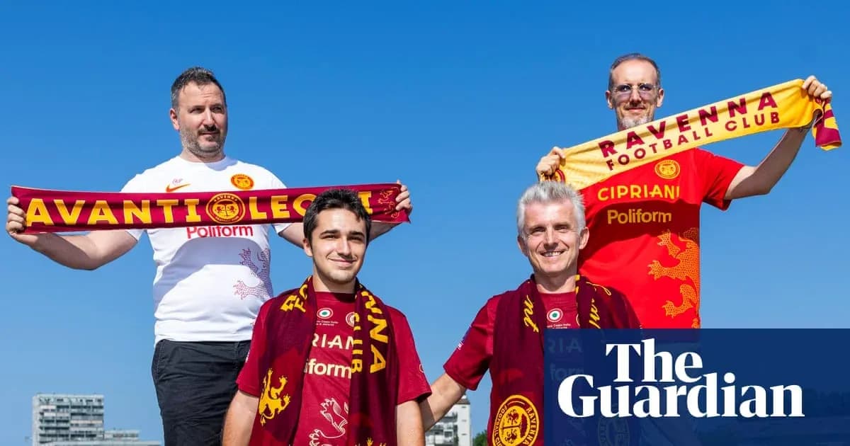 Four fans holding scarves supporting Ravenna Football Club