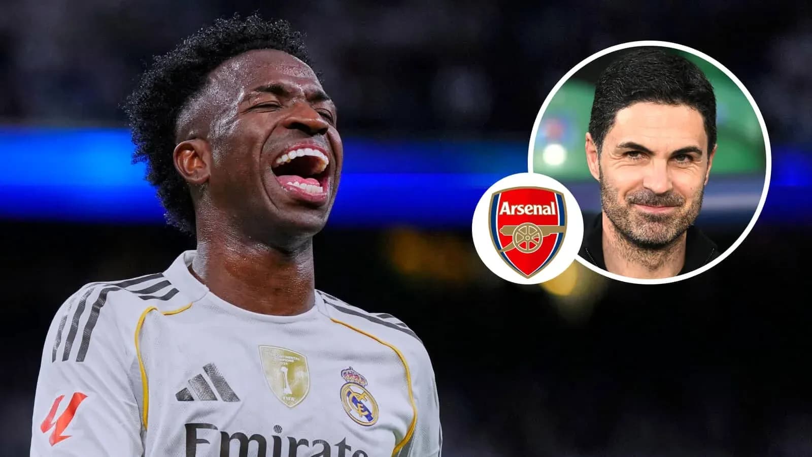 Vinicius Jr. celebrating with Arsenal logo and Mikel Arteta