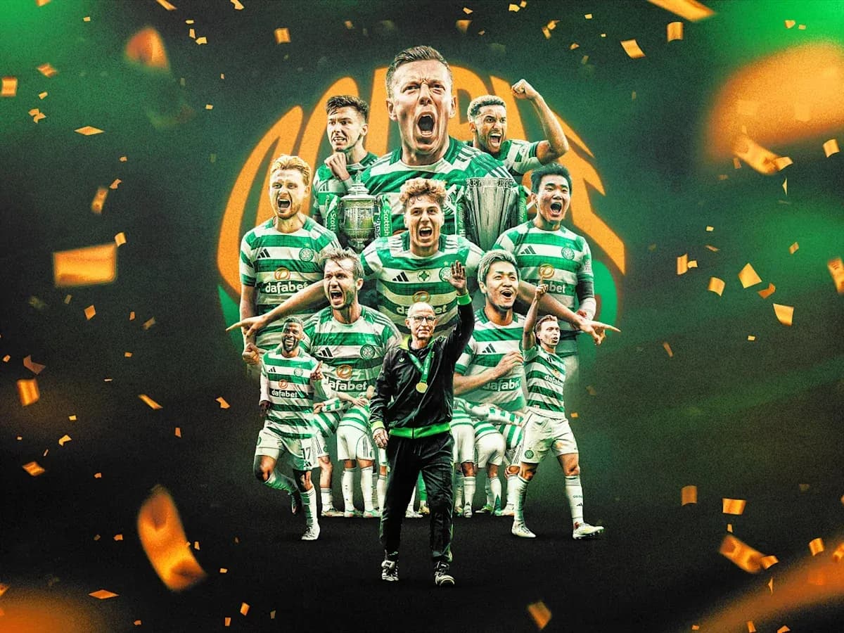 Celtic players celebrating with trophies and confetti