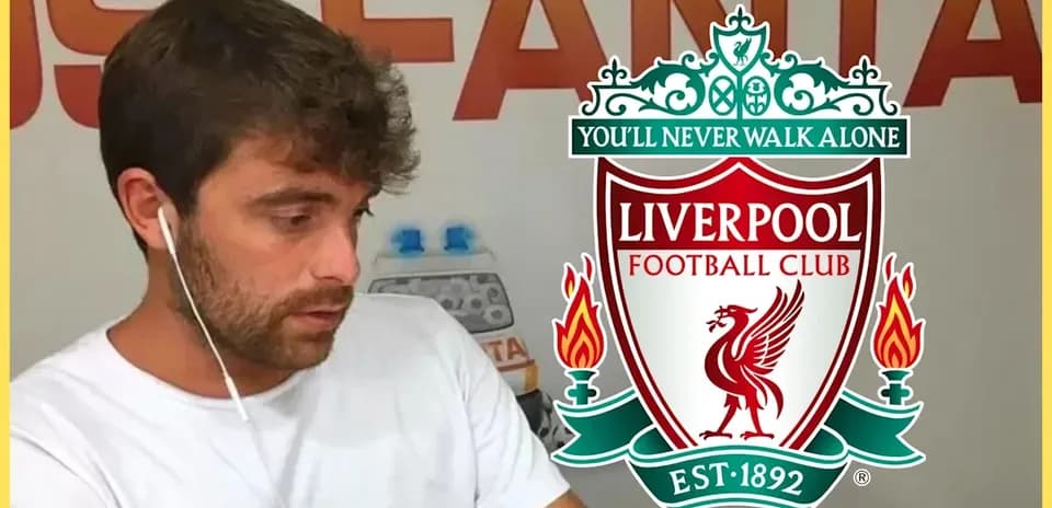 Person listening to headphones with Liverpool logo background