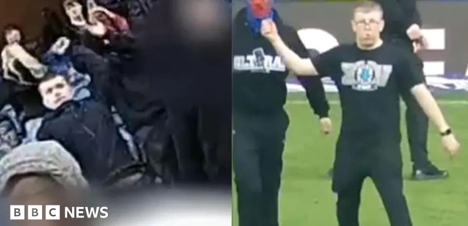 Crowd celebrating on the left, man gesturing on the right