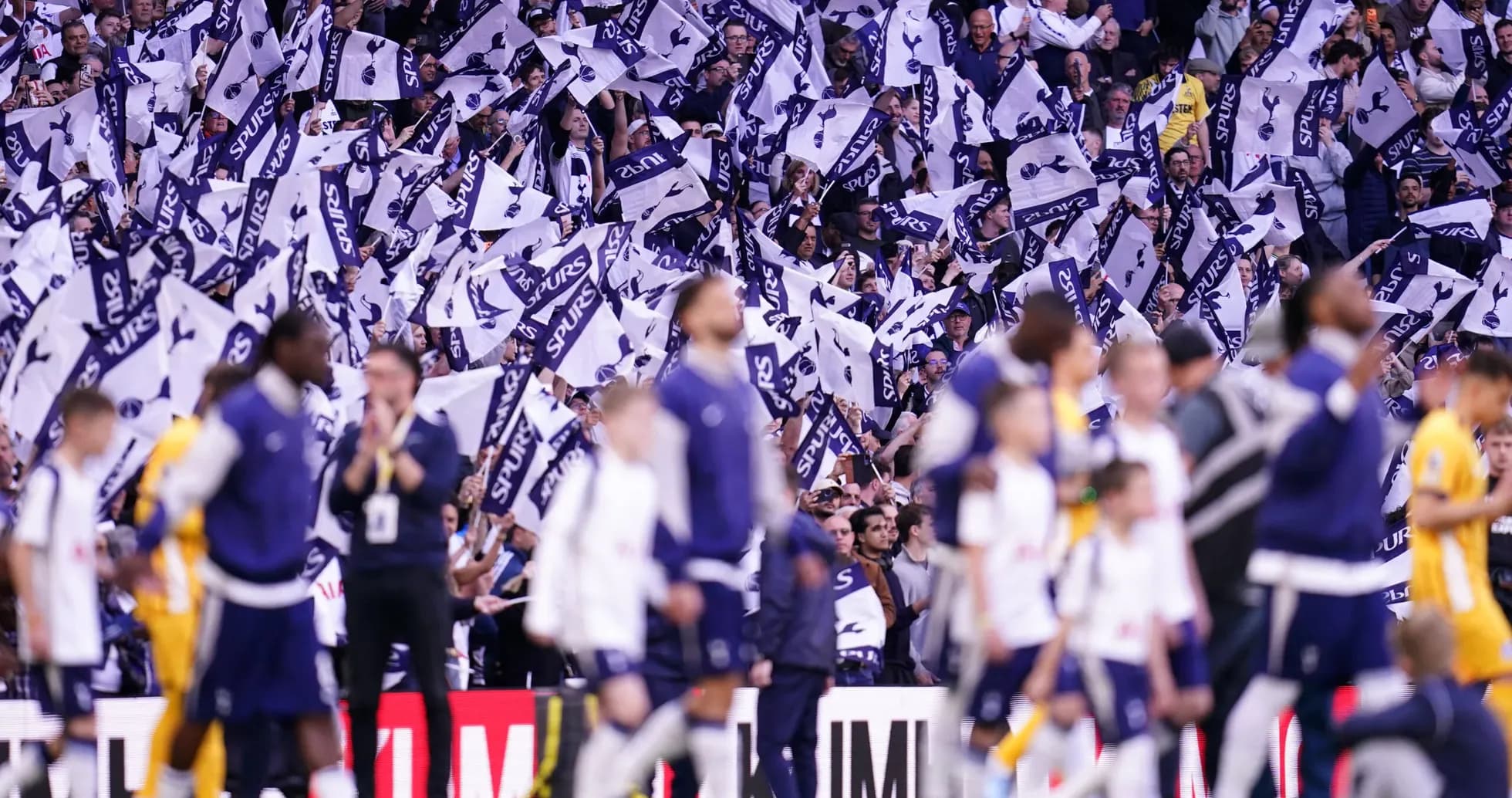 Fans waving flags in Tottenham stadium during match