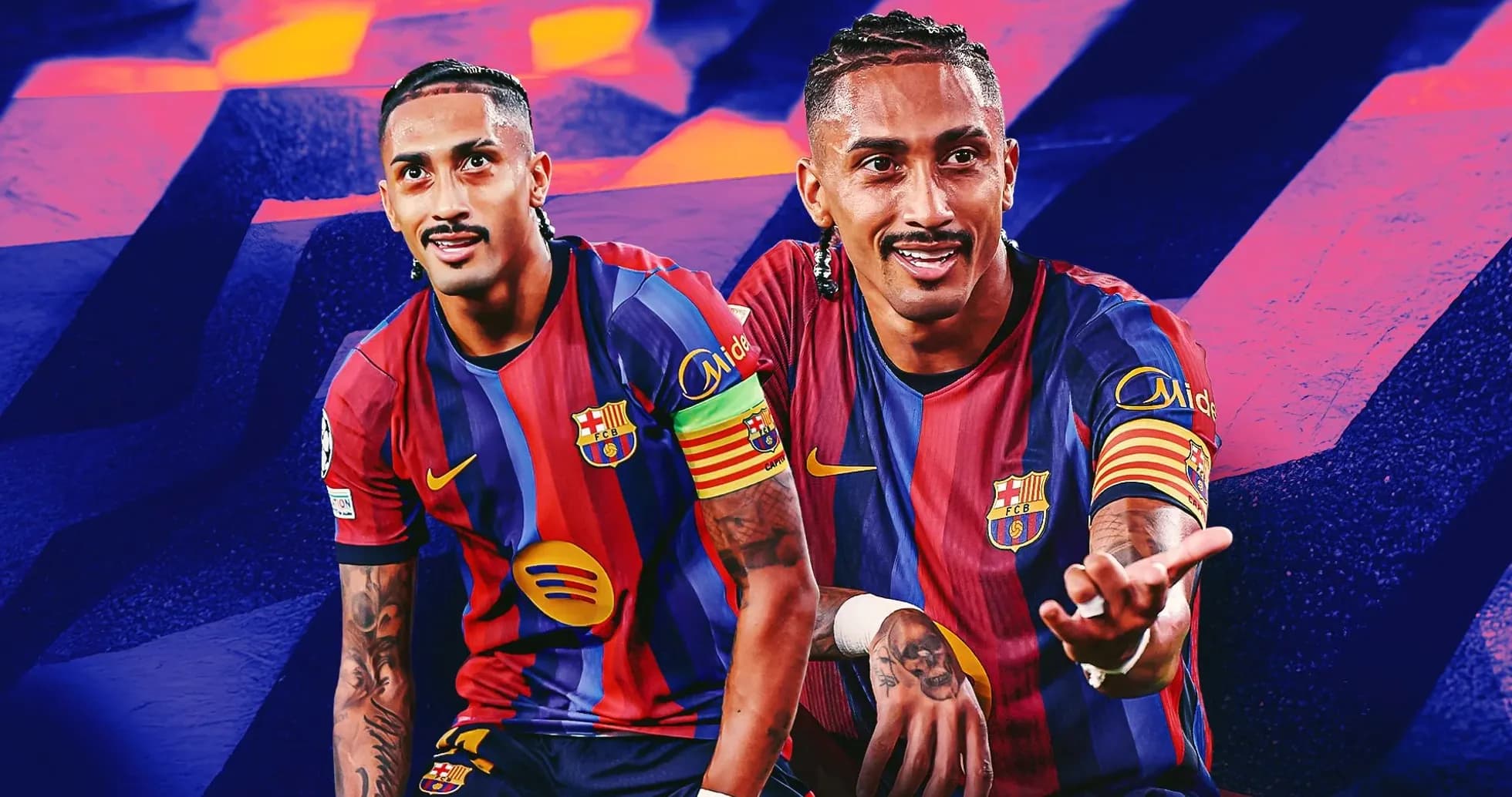 Player in FC Barcelona jersey gesturing with hands