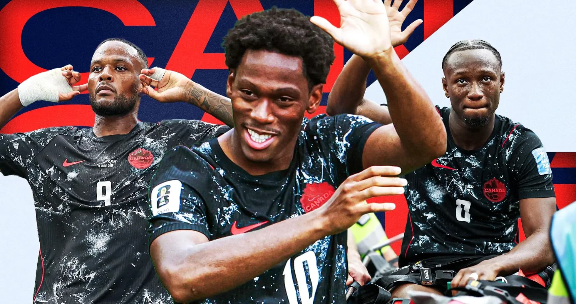 Three Canadian soccer players celebrating on the field