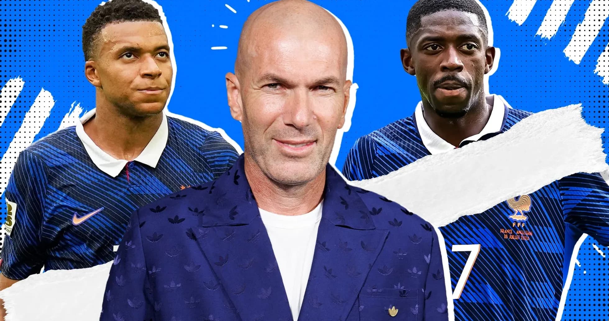 Kylian Mbappé, Zinedine Zidane, Ousmane Dembélé in France kit