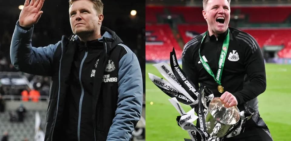 Newcastle manager celebrating and waving after victory