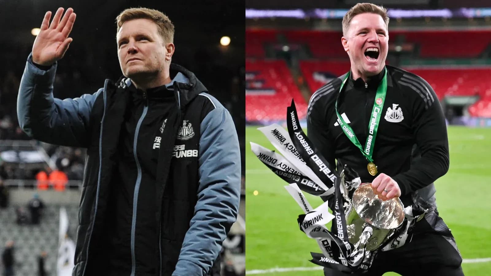 Newcastle manager celebrating and waving after victory