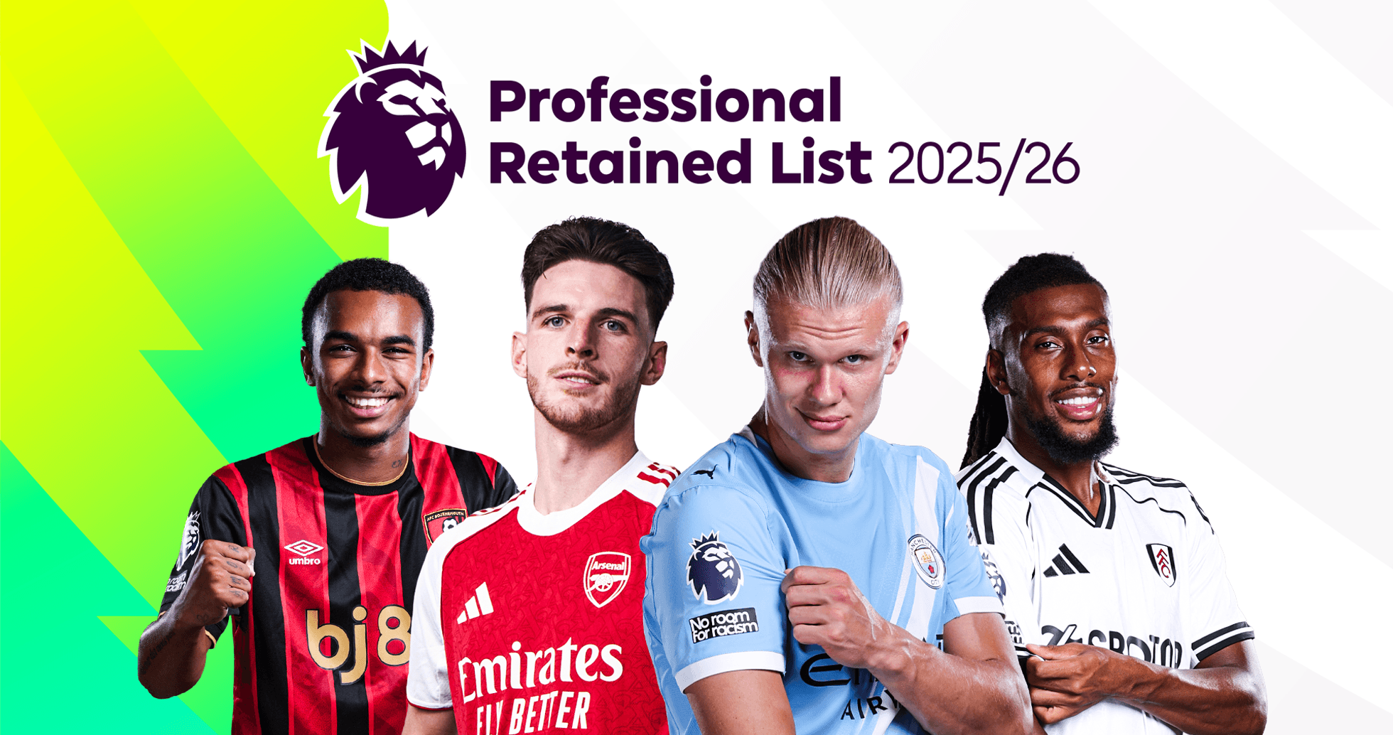 Four football players in team jerseys for 2025/26