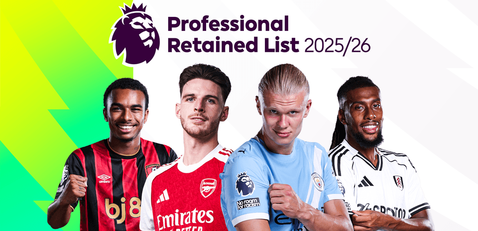 Four football players in team jerseys for 2025/26