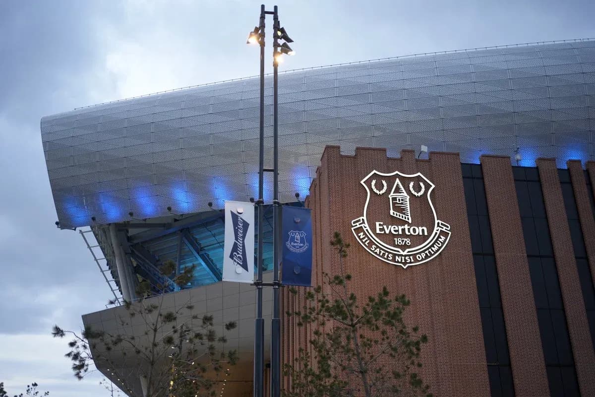 Exterior of Everton's stadium with club logo displayed