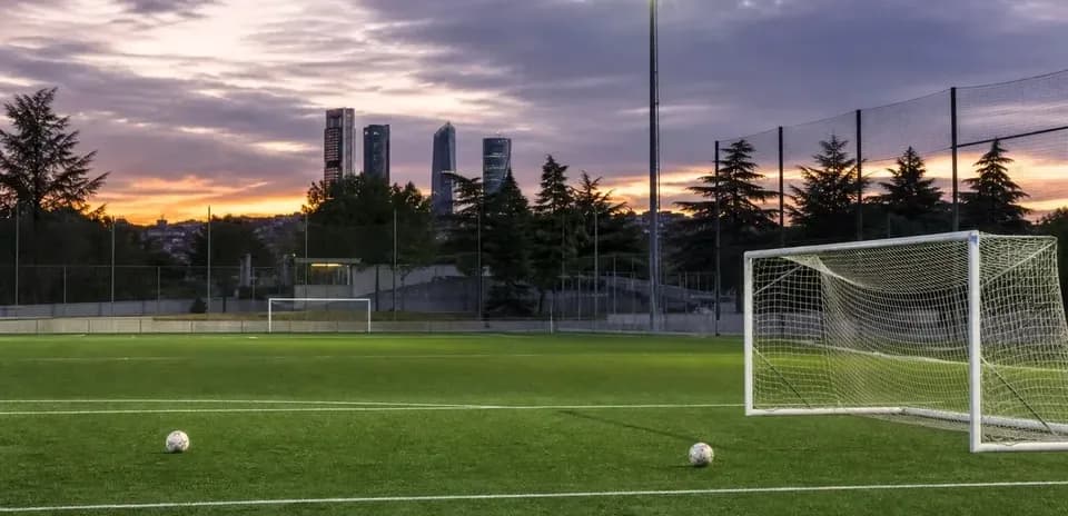 Soccer field at sunset with two balls