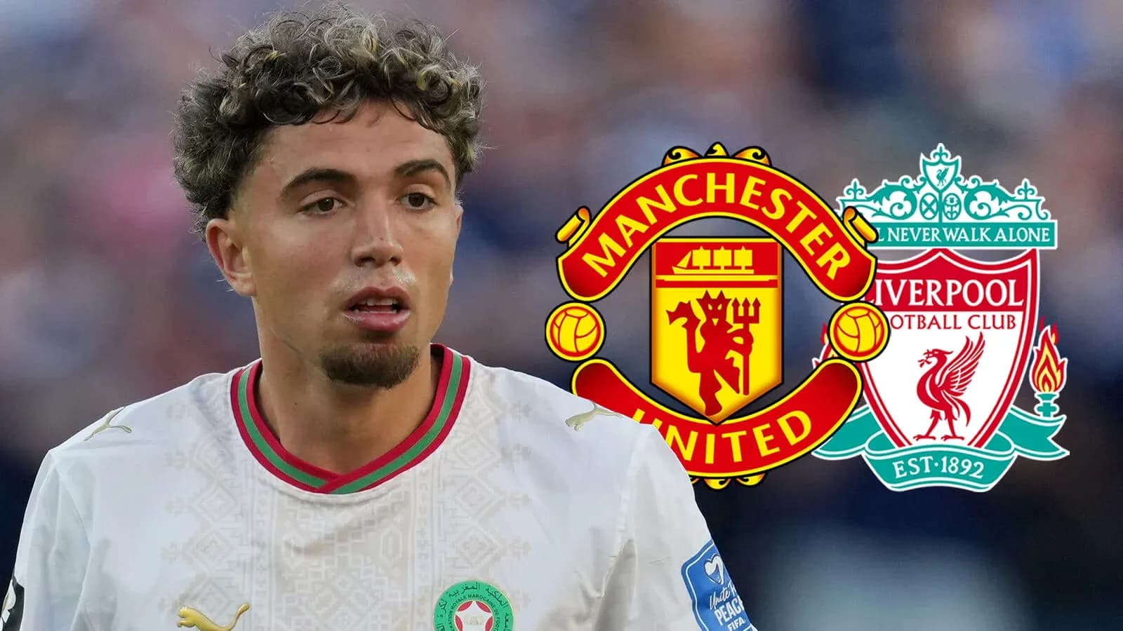 Player in action with Manchester United and Liverpool logos