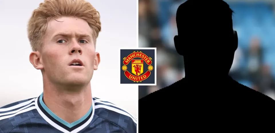 Player in Manchester United kit with logo background