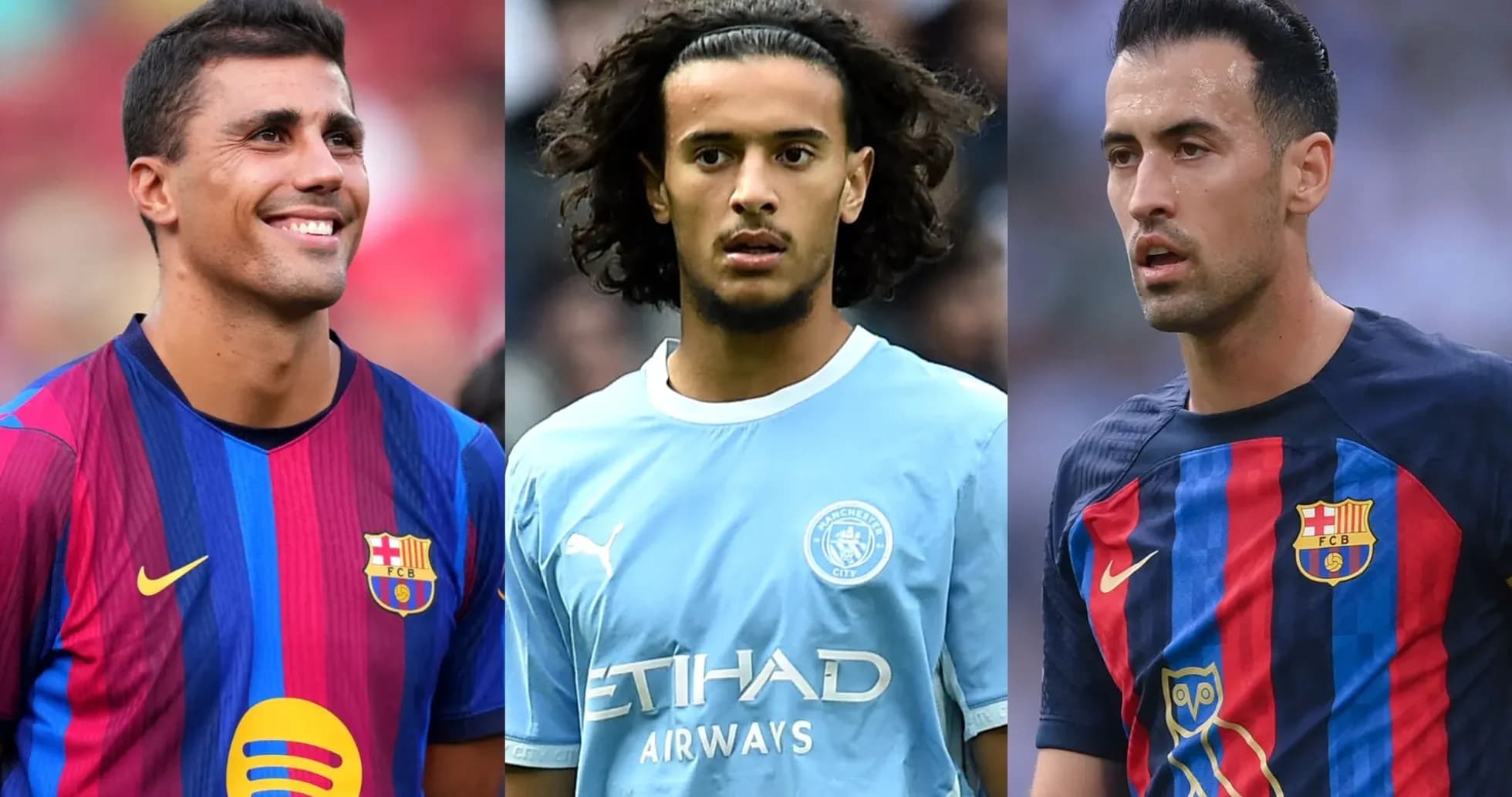 Three football players in team jerseys during match