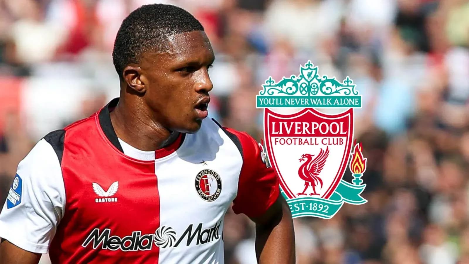 Player in Feyenoord kit with Liverpool logo background