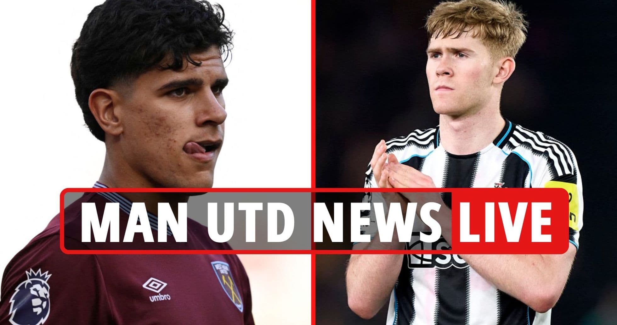 Two football players from different teams with news banner