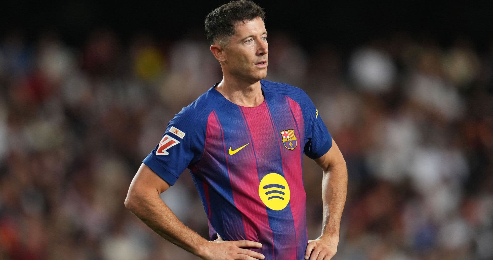 Player in Barcelona jersey during match moment