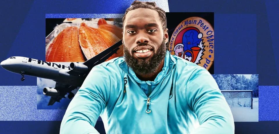 Athlete in turquoise jacket with various background images