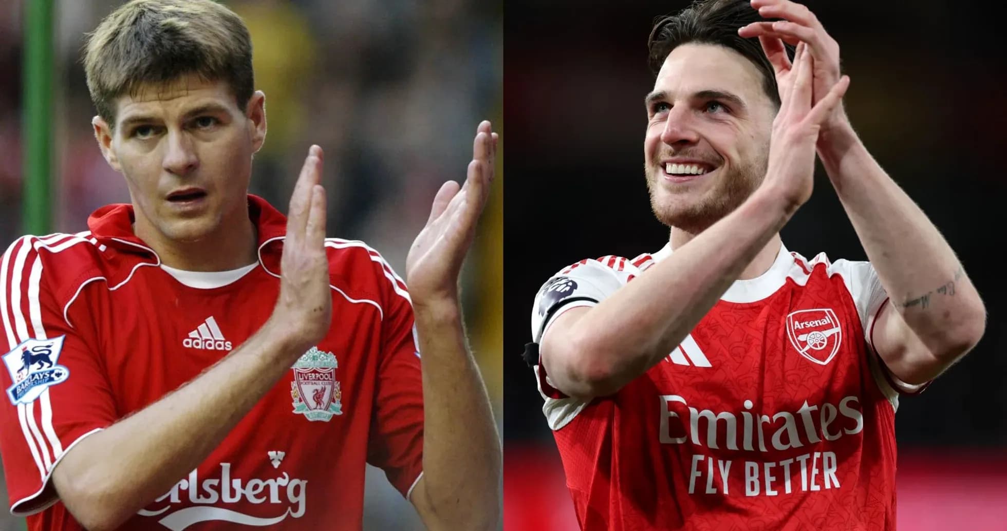 Two football players applauding fans in jerseys