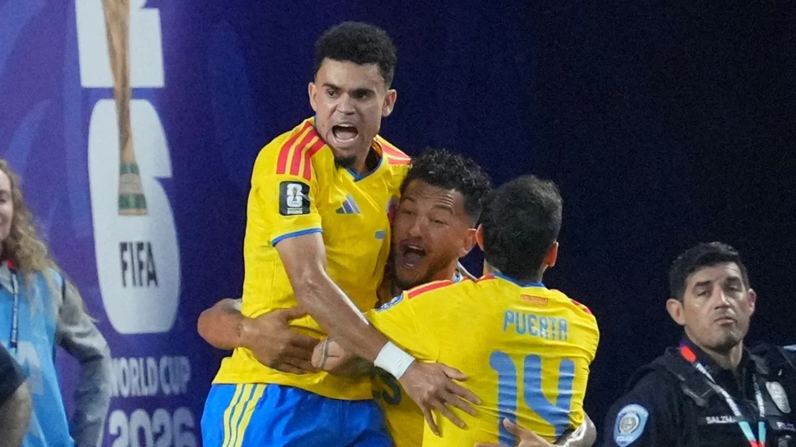Colombian players celebrating during World Cup match