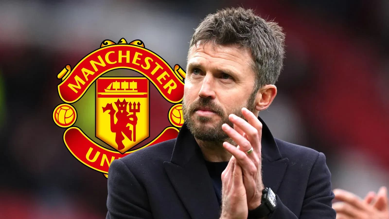Man applauding with Manchester United logo in background