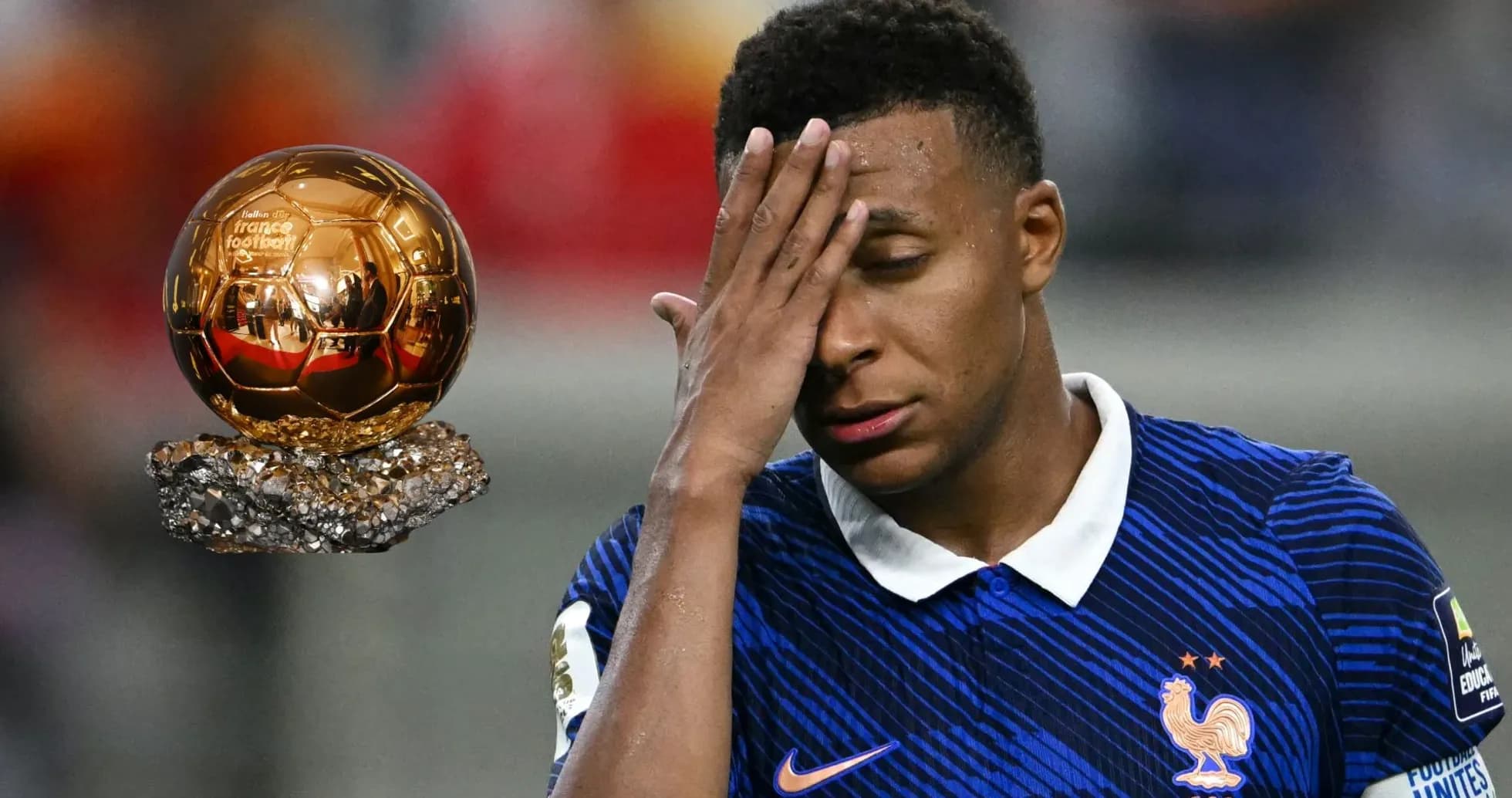 Player reacting near Ballon d'Or trophy