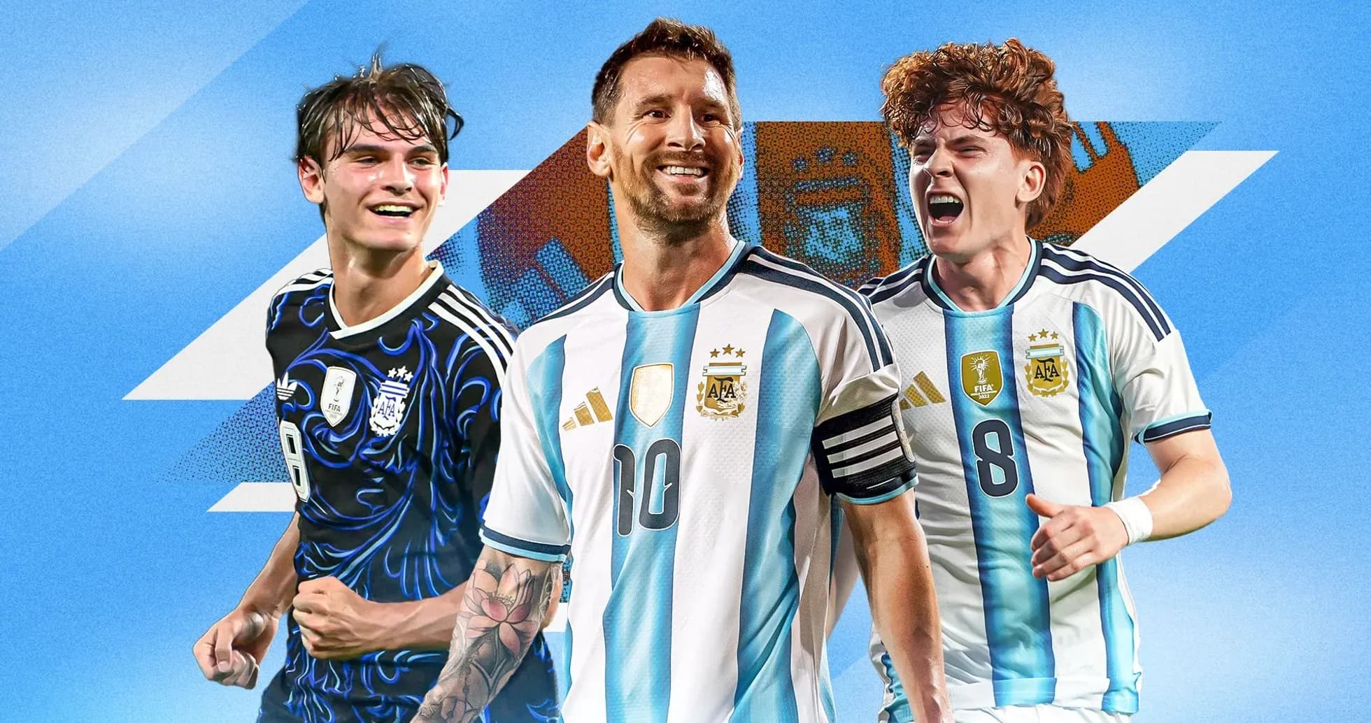 Three Argentine football players celebrating in team jerseys