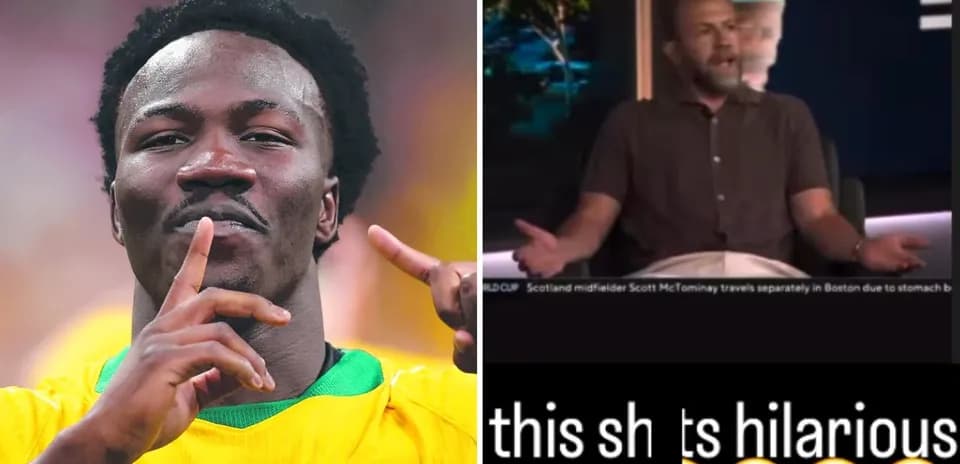 Soccer player celebrating and a commentator reacting